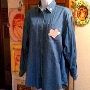 NWOT,Vintage 80's,Blue, Denim, Shirt with Shiny Pink & Silver Hearts💕🦋💕🦋